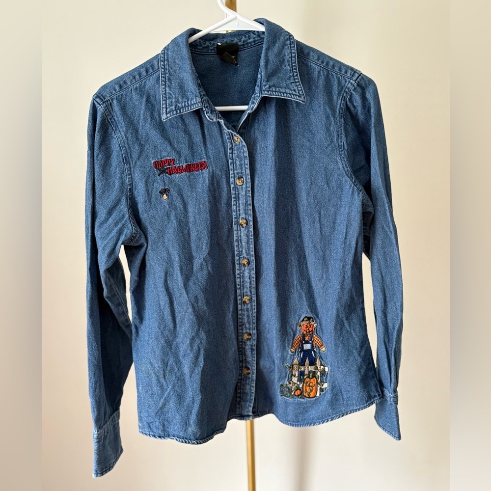 Vintage Halloween Denim Jean Button Down Shirt Long Sleeve Medium